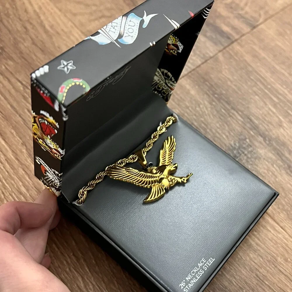 NEW Ed Hardy Gold Eagle Chunky Chain Mens Stainless Steel Necklace